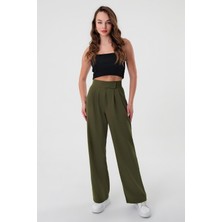 Hazel Kadın Haki Yüksek Bel Cırtlı Palazzo Pantolon