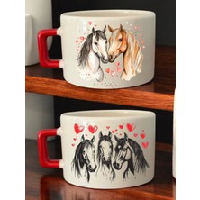 At Aşkı Baskılı 2'li Kahve Fincanı Seramik Kupa - Seramik Çay, Kahve Hediyelik Bardağı