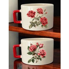 Gül Teması Baskılı 2'li Kahve Fincanı Seramik Kupa - Seramik Çay, Kahve Hediyelik Bardağı