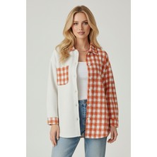 Kadın Turuncu Oversize Fit Ekoseli Desenli Uzun Kollu %100 Pamuk Gömlek, Ceket, Kadın Oduncu Gömlek