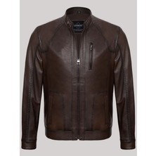 Deri Kahverengi Erkek Kenar Işlemeli Deri Ceket