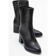 Sade Dikişli Fermuarlı Kadın Topuklu Bot Siyah Cilt