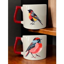 Kuş Teması Baskılı 2'li Kahve Bardağı Seramik Kupa - Seramik Çay, Kahve Hediyelik Bardağı