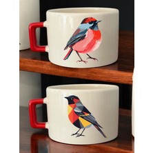 Sevimli Kuş Baskılı 2'li Kahve Fincanı Seramik Kupa - Seramik Çay, Kahve Hediyelik Bardağı