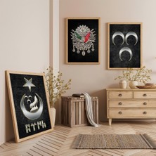 Ahşap Çerçeveli Osmanlı Tuğras ve Türklük Üçlü Ahşap Tablo Seti