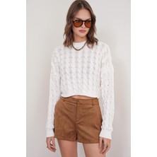 6863 Kadın Saç Örgülü Crop Triko Kazak Kemik