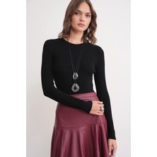 6938 Kadın Bisiklet Yaka Fitilli Triko Body Siyah