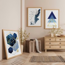 Ahşap Çerçeveli Mavi Renkte Minimalist Şekiller Üçlü Ahşap Tablo Seti