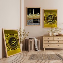 Ahşap Çerçeveli Kabe ve Allah Muhammed Lafı Dini Üçlü Ahşap Tablo Seti