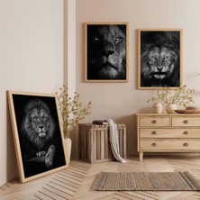 Ahşap Çerçeveli Ormalar Kralı Aslan Üçlü Ahşap Tablo Seti