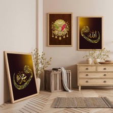 Ahşap Çerçeveli Allah Muhammed Osmanlı Tuğrası Üçlü Ahşap Tablo Seti