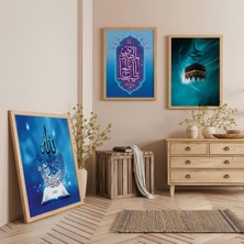 Ahşap Çerçeveli Kabe ve Allah Muhammed Lafı Dini Üçlü Ahşap Tablo Seti