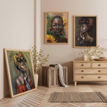 Ahşap Çerçeveli Afrikalı Kadınlar Üçlü Ahşap Tablo Seti