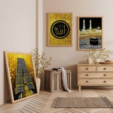 Ahşap Çerçeveli Kabe ve Allah Lafzı Üçlü Ahşap Tablo Seti