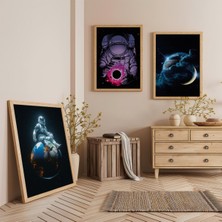 Ahşap Çerçeveli Astronot ve Uzay Üçlü Ahşap Tablo Seti