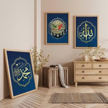 Ahşap Çerçeveli Osmanlı Tuğrası ve Allah Muhammed Lafzı Üçlü Ahşap Tablo Seti