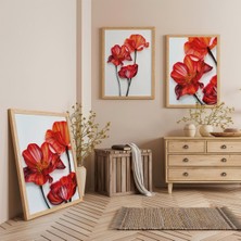 Ahşap Çerçeveli Kırmızı Çiçek Üçlü Ahşap Tablo Seti