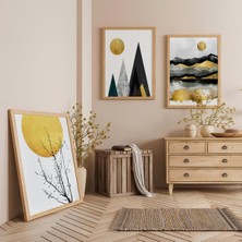 Ahşap Çerçeveli Güneş ve Dağ Üçlü Ahşap Tablo Seti