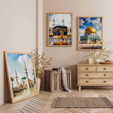 Ahşap Çerçeveli Kabe Mescidi Aksa ve Nebevi Üçlü Ahşap Tablo Seti