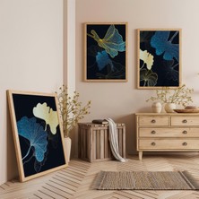 Ahşap Çerçeveli Gecede Yapraklar Üçlü Ahşap Tablo Seti