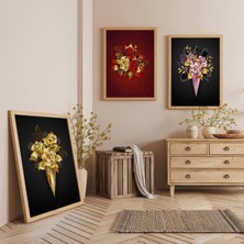 Ahşap Çerçeveli Renkli Çiçekler Üçlü Ahşap Tablo Seti