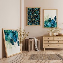 Ahşap Çerçeveli Mavi Tüylerin Büyüsü Üçlü Ahşap Tablo Seti