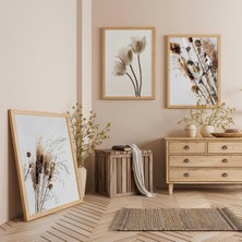 Ahşap Çerçeveli Beyaz Çiçek Modern Üçlü Ahşap Tablo Seti