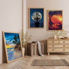 Ahşap Çerçeveligün Batımına Doğru Yolculuk Üçlü Ahşap Tablo Seti