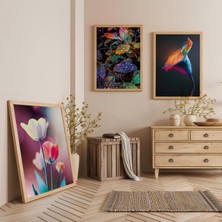 Ahşap Çerçeveli Renkli Çiçekler Üçlü Ahşap Tablo Seti