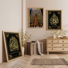 Ahşap Çerçeveli Kabe Kapısı Üçlü Ahşap Tablo Seti