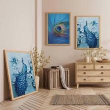 Ahşap Çerçeveli Mavi Tavus Kuşu Üçlü Ahşap Tablo Seti