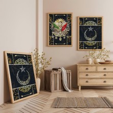 Ahşap Çerçeveli Osmanlı Tuğrası Üçlü Ahşap Tablo Seti