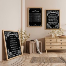 Ahşap Çerçeveli Gri Yazılı Esmaül Hüsna Ayetel Kürsi Fatiha Suresi Dini Üçlü Ahşap Tablo Seti