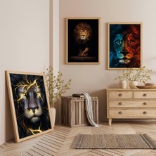 Ahşap Çerçeveli Renkli Aslanlar Üçlü Ahşap Tablo Seti