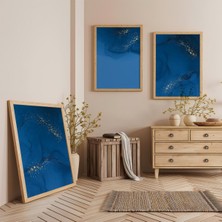 Ahşap Çerçeveli Gece Mavisi Büyüsü Üçlü Ahşap Tablo Seti