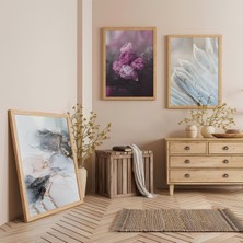 Ahşap Çerçeveli Mor Gül Üçlü Ahşap Tablo Seti