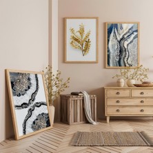 Ahşap Çerçeveli Kaya ve Çiçek Üçlü Ahşap Tablo Seti