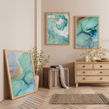 Ahşap Çerçeveli Akışkan Sanat Üçlü Ahşap Tablo Seti