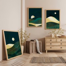 Ahşap Çerçeveli Gece Dağları Üçlü Ahşap Tablo Seti
