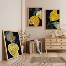 Ahşap Çerçeveli Altın Yaprakların Dansı Üçlü Ahşap Tablo Seti