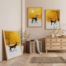 Ahşap Çerçeveli Geyik Üçlü Ahşap Tablo Seti