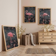 Ahşap Çerçeveli Flamingo Üçlü Ahşap Tablo Seti