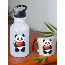 Kalp ve Panda Baskılı 600 ml Matara ve Bardak - Su Matarası Suluk ve Bardak Seti