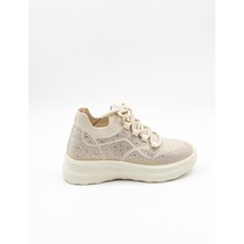 Kriste Bell Bağcıklı Taş Detaylı Yüksel Taban Triko Kadın Spor Ayakkabı K25 0075 - Bej