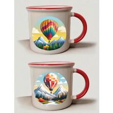 Uçan Balon Baskılı Ağzı Kırmızı 2'li Kupa - Kocaya Doğum Günü Hediyesi, Sevgiliye Hediye Fikirleri