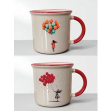 Balon Kdın Baskılı 2'li Ağzı Kırmızı Kupa - Anneler Günü Hediye, Evlilik Yıldönümü Hediyesi Kadın