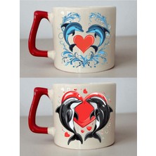 Kalp ve Yunus Baskılı 2'li Kupa - Kız Bebek Hediye, Masa Üstü Hediyelik, Öğretmen Için Hediye