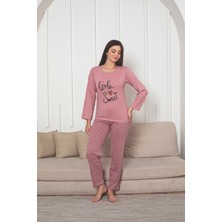 Kadın Baskı Detaylı Uzun Kollu Kalp Desenli Pijama Takım