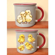 Civcivler Baskılı Ağzı Kırmızı 2'li Kupa - Erkeğe Hediye Fikirleri, Öğretmen Hediyeleri