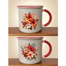 Çiçek Baskılı Ağzı Kırmızı Kupa - Sevgililer Günü Hediyeleri, Sevgiliye Hediye